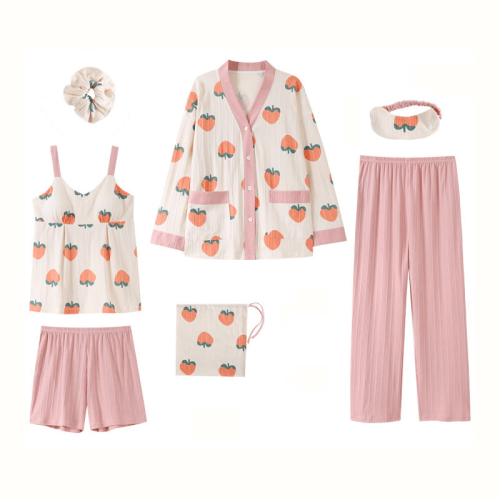 【50% OFF】Cartoon Fruit Print Pajamas Seven Pieces Set With Breast Pads