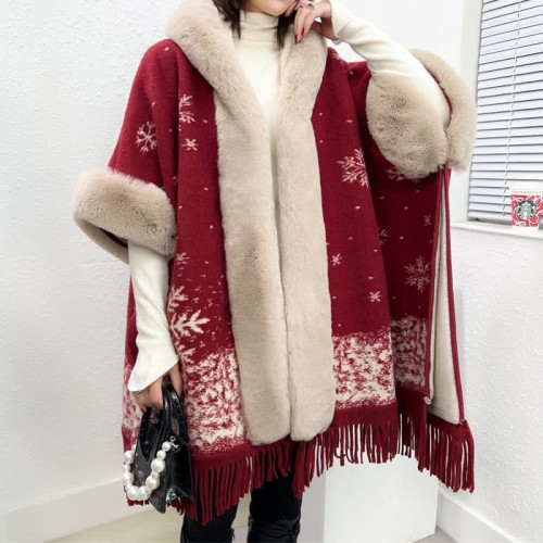 Christmas Print Furry Collar Fringed Hooded Cloak Coat