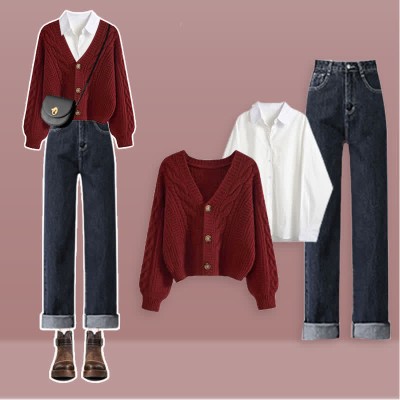 V-neck Cardigan Sweater Lapel Shirt Denim Pants Three Pieces Set