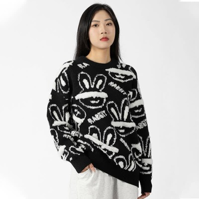 Cartoon Rabbit Letter Print Round Collar Sweater