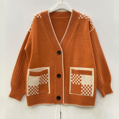 V-neck Plaid Print Colorblock Pocket Knit Sweater Cardigan