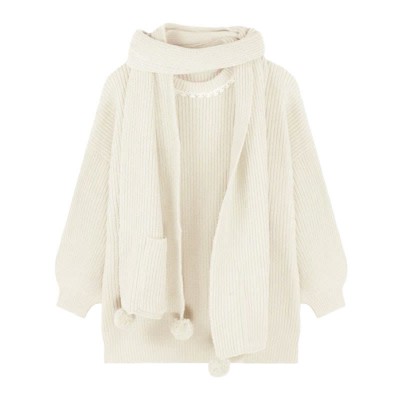Pure Color Round Collar Knit Sweater With Scarf