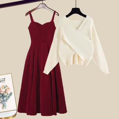 Fashion Cross Knit Sweater A-line Slip Dress