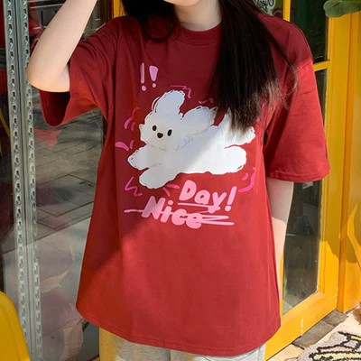 Cartoon Puppy Letter Print Round Collar Oversized T-Shirt