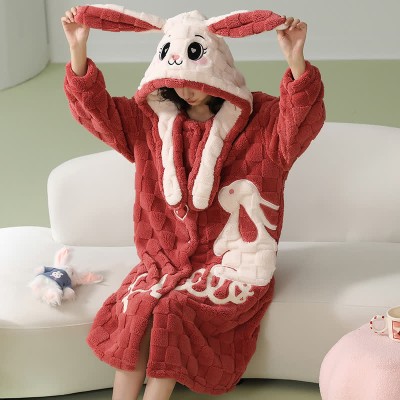 Cute Cartoon Bunny Embroidery Hooded Plush Pajamas