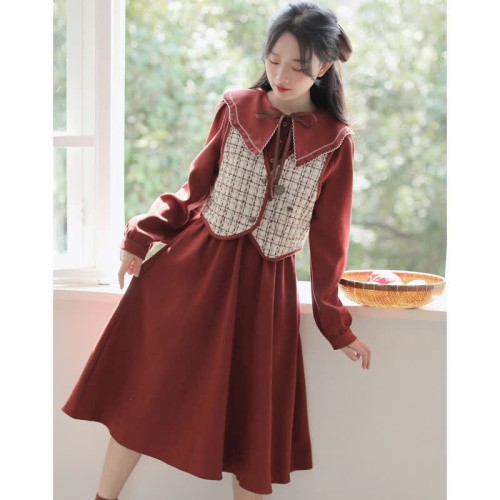 Chic Plaid Print Vest Long Sleeve Doll Collar Dress Two Pieces Set