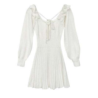Lace Up Ruffled Pure Color Knit Sweater Dress