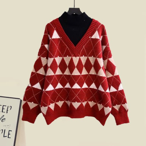 Fake Two Pieces Rhombus Plaid Sweatshirt Slip Dress Two Pieces Set