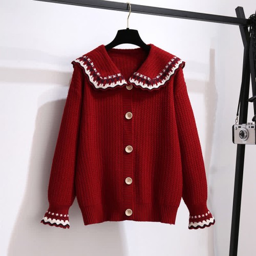 Doll Collar Pure Color Knit Sweater Cardigan