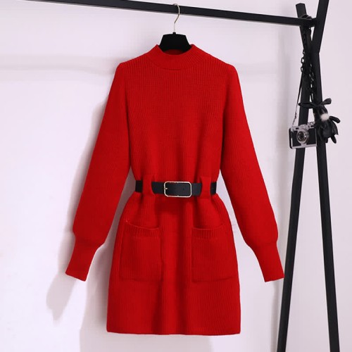 Pure Color Round Collar Belted Slim Knit Sweater Dress