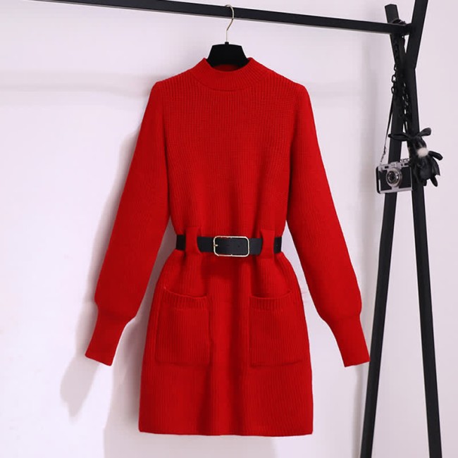 Pure Color Round Collar Belted Slim Knit Sweater Dress