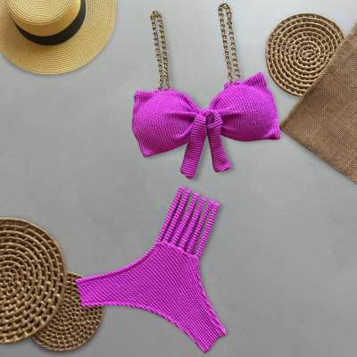 Fashion Solid Color Bow Chain Split Bikini