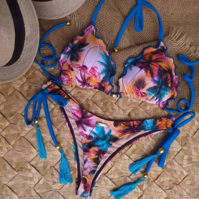 Fashionable Hawaiian style two-piece suspender sexy bikini