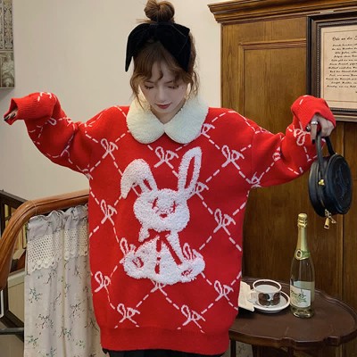 Cute Bunny Letter Print Round Collar Red Knit Sweater