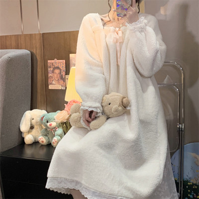 Square Collar Plush Lace Hem Dress Pajamas Set