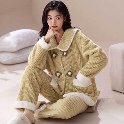 Vintage Buckle Pocketed Lapel Plush Pajamas Set