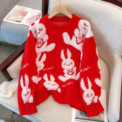 Cute Bunny Letter Print Round Collar Red Knit Sweater