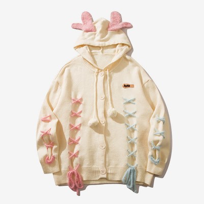 Antler Lace Up Hooded Loose Cardigan Sweater