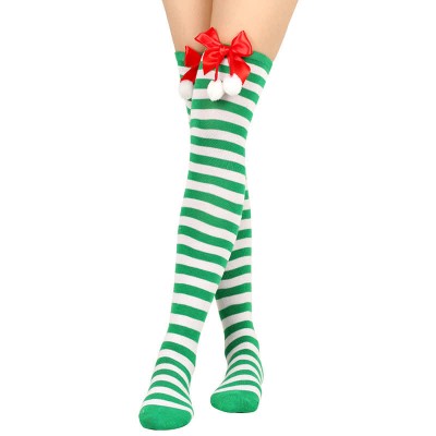 Bow Knot Fuzzy Ball Stripe Christmas Stockings Over the Knee