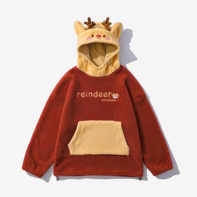 Reindeer Letter Embroidery Plush Hoodie