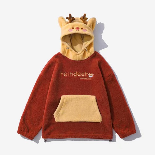 Reindeer Letter Embroidery Plush Hoodie