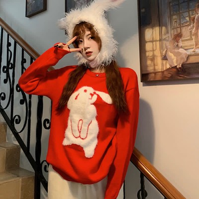 Cartoon Bunny Print Round Collar Red Knit Sweater