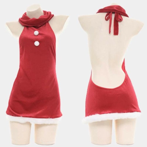 Sexy Back Hollow Out Halter Christmas Dress Lingerie