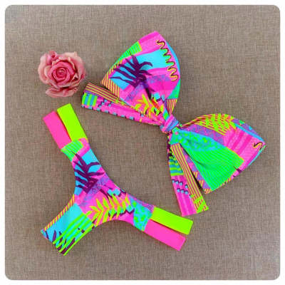 Sexy color print split tube top bow bikini