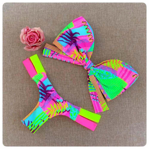 Sexy color print split tube top bow bikini