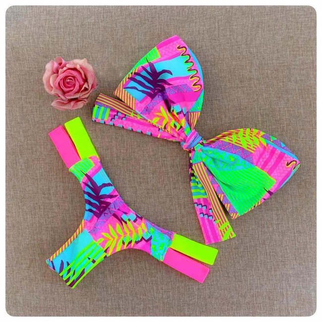 Sexy color print split tube top bow bikini