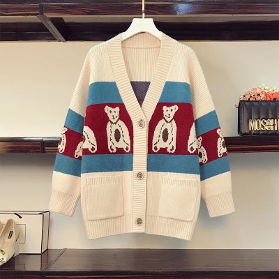 Lovely Cartoon Bear Print Colorblock Pocket Knit Sweater Cardigan