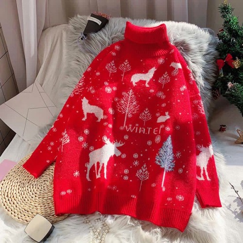Christmas Reindeer Snowflake Print High Collar Sweater