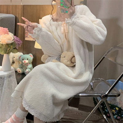 Square Collar Plush Lace Hem Dress Pajamas Set