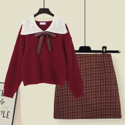 Bow Knot Decor Sweater Plaid Skirt Two Pieces Set