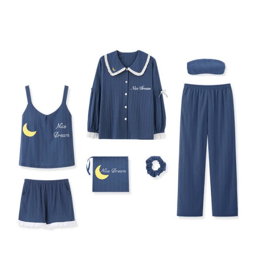 【50% OFF】Cartoon Print Doll Collar Pajamas Seven Pieces Set With Breast Pads