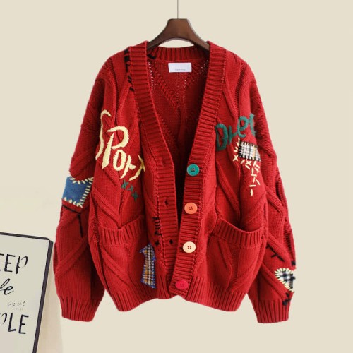 Colorful Embroidery Cardigan Sweater Shirt Pleated Skirt Three Pieces Set