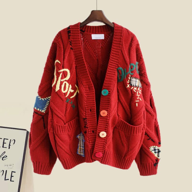 Colorful Embroidery Cardigan Sweater Shirt Pleated Skirt Three Pieces Set