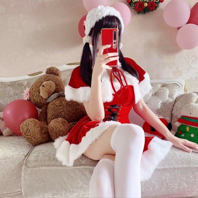 Off The Shoulder Lace Up Plush Christmas Dress With Cloak
