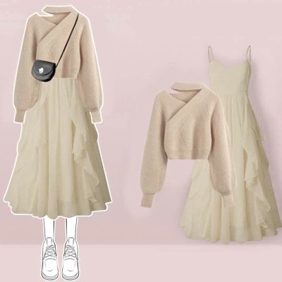 Oblique Pure Color Sweater Flouncing Slip Dress