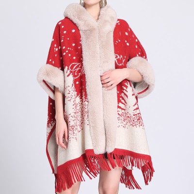 Christmas Print Furry Collar Fringed Hooded Cloak Coat