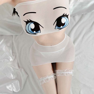 Cartoon Face Print Transparent Lingerie Stockings Set