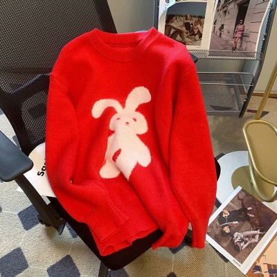 Cartoon Bunny Print Round Collar Red Knit Sweater