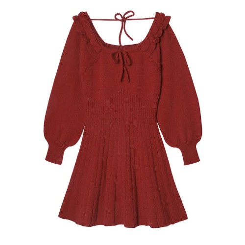 Lace Up Ruffled Pure Color Knit Sweater Dress