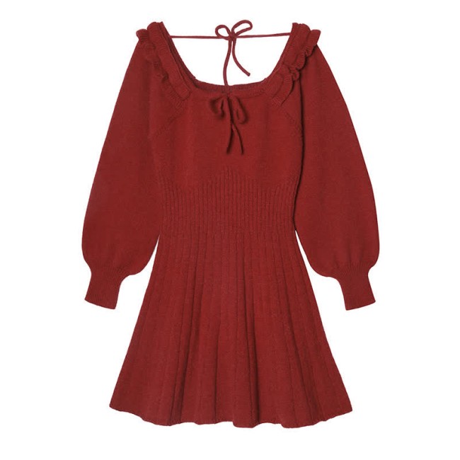 Lace Up Ruffled Pure Color Knit Sweater Dress