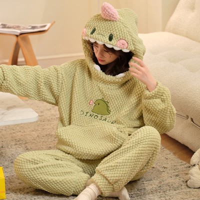 【50% OFF】Cartoon Dinosaur Plush Loose Hooded Pajamas Set