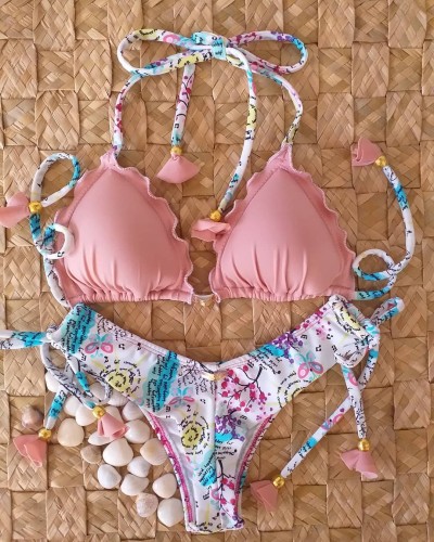Fashion printed split suspender bikini