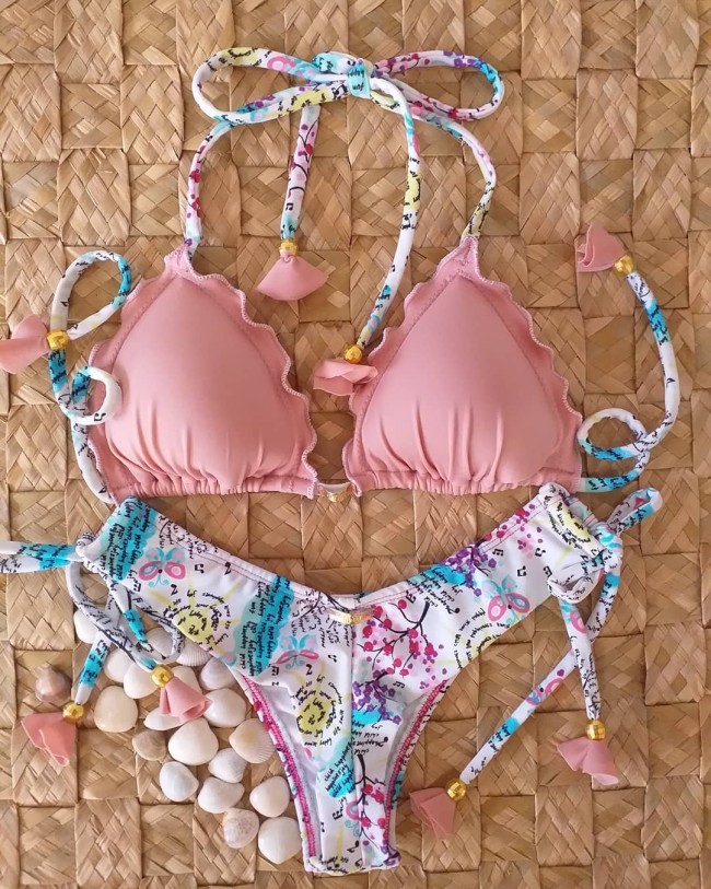Fashion printed split suspender bikini