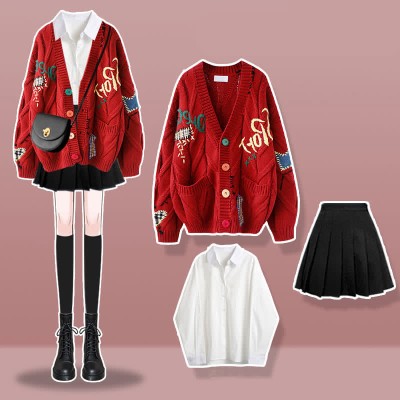 Colorful Embroidery Cardigan Sweater Shirt Pleated Skirt Three Pieces Set