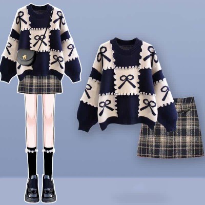 Bow Knot Print Colorblock Sweater Plaid Pleated Skirt Two Pieces Set