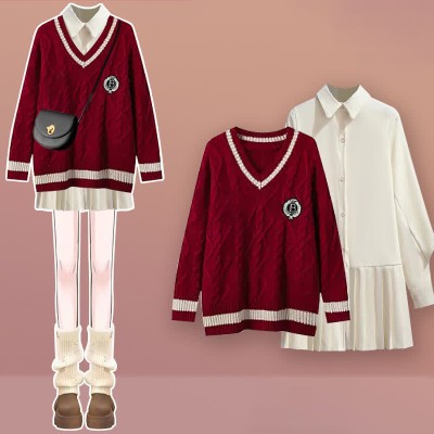 V-neck Cable Sweater Pleated Shirt Dress Two Pieces Set